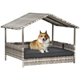 Elevated Wicker Dog House Indoor Outdoor Raised Rattan Bed Charcoal Grey Removable Cushion