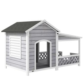 Outdoor Dog House with Porch, Cabin Style with Asphalt Roof, Doors and Shutter Window, for Medium or Large Size Dog