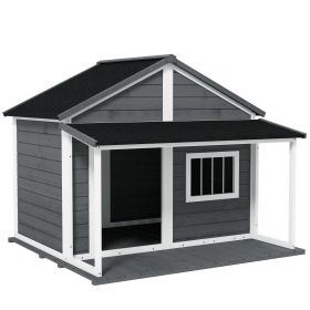 Outdoor Dog House Cabin Style for Medium/Large Dogs, Wooden Raised Pet Kennel with Asphalt Roof,Loading 53 lbs., Gray