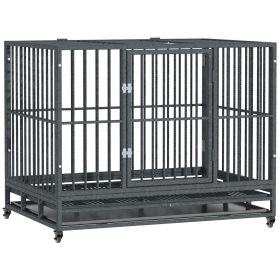 Heavy Duty Dog Cage 42 Metal Kennel with Wheels Double Door Removable Tray Gray