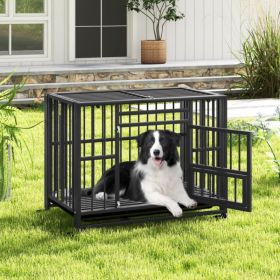 Foldable Heavy-Duty Metal Dog Cage Chew-proof Dog Crate with Lockable Universal Wheels (Color: Black)